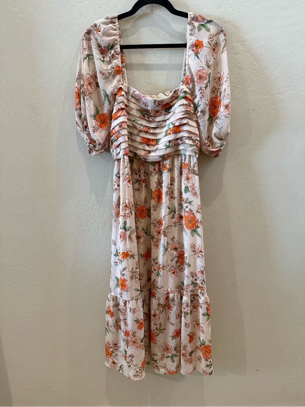 Cream Midi Dress with Orange Floral Print and Ruffled Bodice #P003